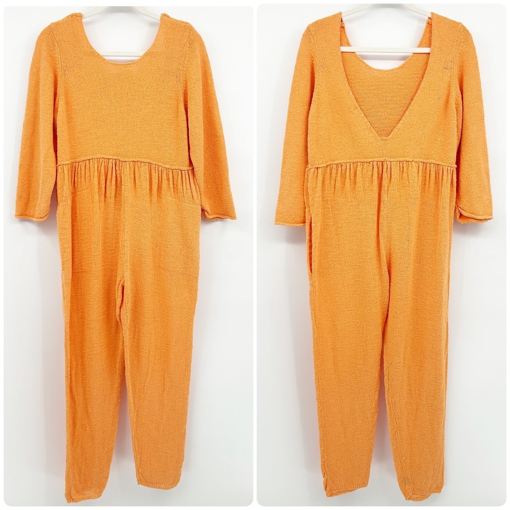 Free People FP Beach Orange Breaking Free Textured Knit Wide Leg Jumpsuit Size S